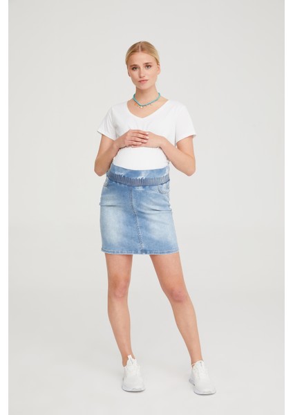 Lastikli Kısa Likralı Jean Etek Açık Mavi 1058