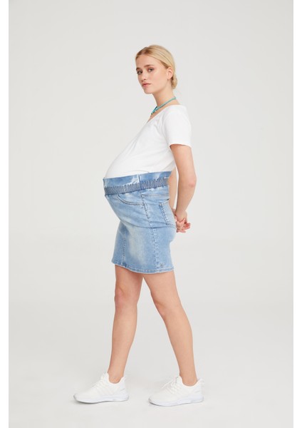 Lastikli Kısa Likralı Jean Etek Açık Mavi 1058 fiyatları