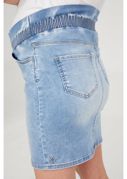 Lastikli Kısa Likralı Jean Etek Açık Mavi 1058 fırsatları