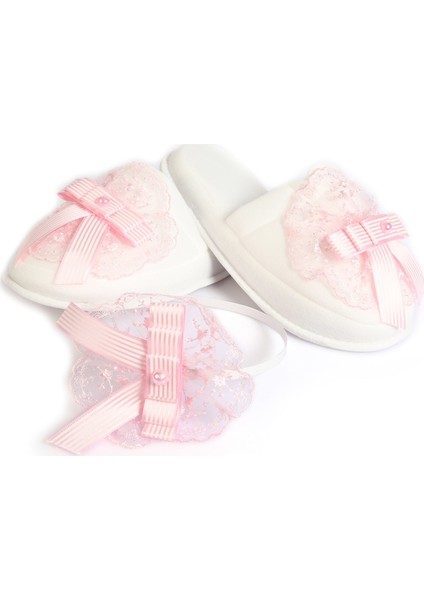 Güpürlü Fiyonklu Pembe Lohusa Kadife Terlik ve Tacı