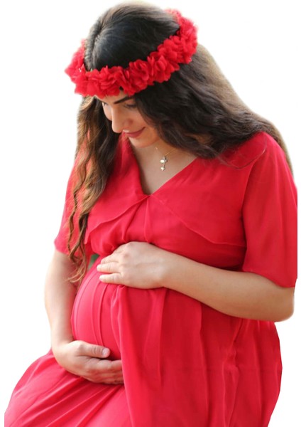 Babyshower Melek Kol Kırmızı Hamile Elbisesi