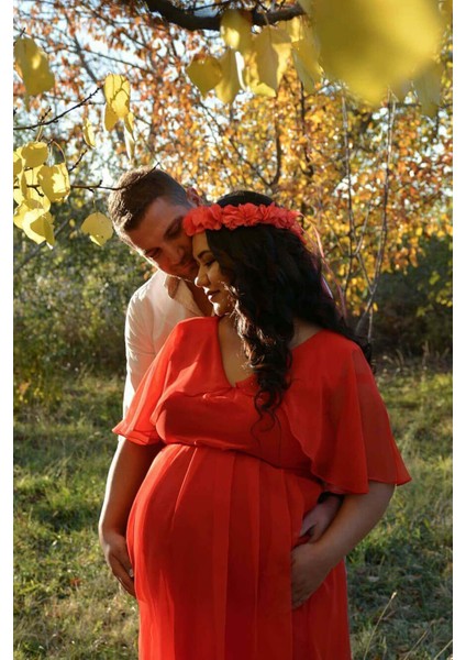 Babyshower Melek Kol Kırmızı Hamile Elbisesi modelleri