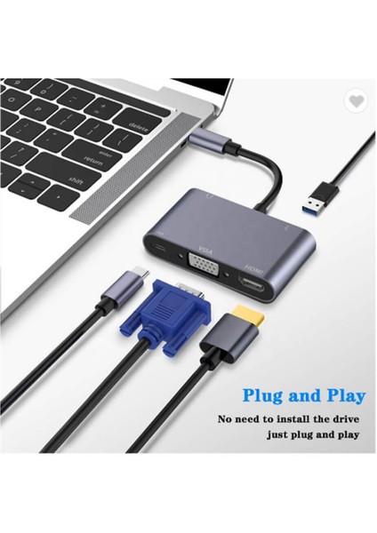 Type-C To 4K HDMI VGA USB 3.0 OTG Audio Ses Çevirici Kablo 5 In 1