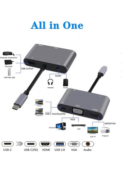 Type-C To 4K HDMI VGA USB 3.0 OTG Audio Ses Çevirici Kablo 5 In 1