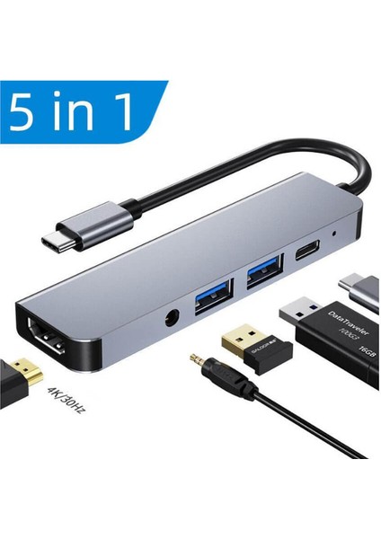 USB Type-C To HDMI 4K Audio Ses USB-C / 2xUSB 3.0 Hub Otg Adaptör Çevirici Dönüştürücü Kablo 5 In 1