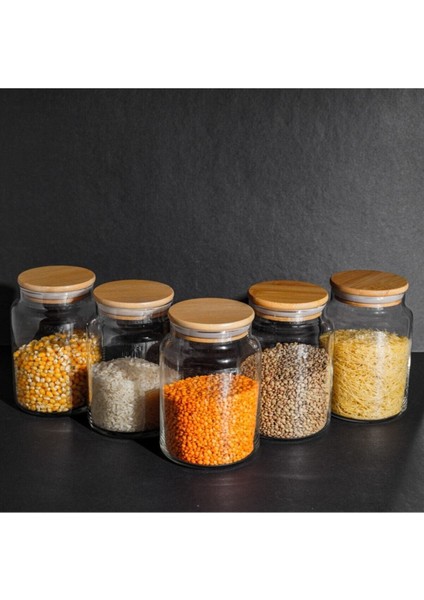6'lı Cam Kavanoz Saklama Kabı Seti, Baharatlık Bambu Kapaklı ve Vakumlu 800 ml.