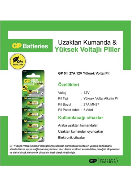 27A Pil Alkalin 12V (Beşli Paket) Gp