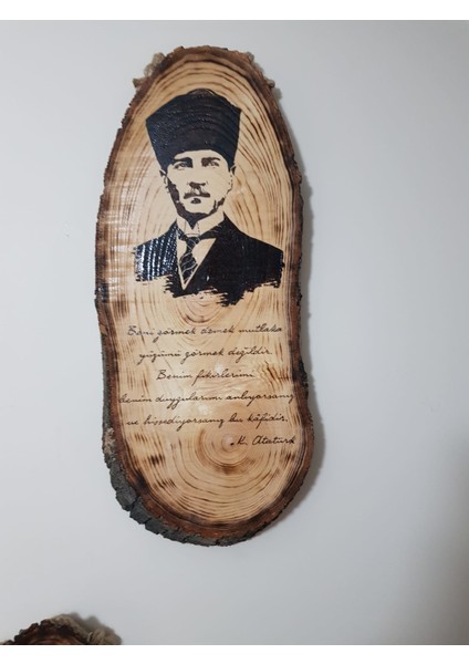 Doğal Ağaç Dilimi Atatürk Portre Ahşap Yakma Dikey