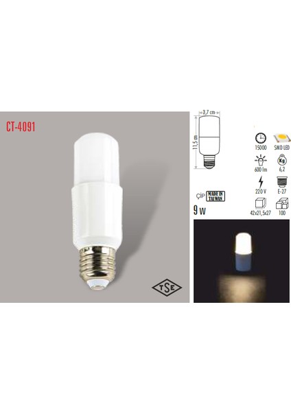 CT-4091 9W E27 LED Ampul (Beyaz) Cata