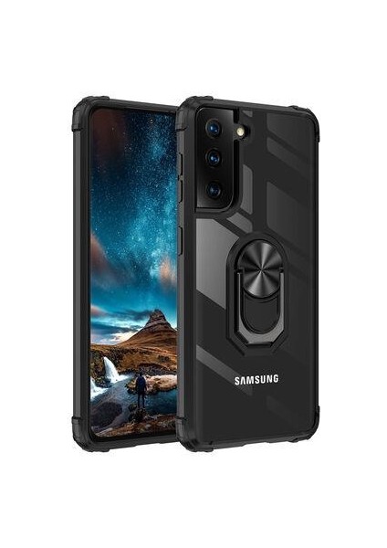 Galaxy S21 Kılıf Kenarları Renkli Anti Şok Şeffaf Yüzüklü Kılıf