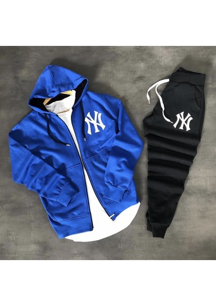 New York Yankees Baskılı Tam Fermuarlı Kapüşonlu Içi Komple Pamuk Dış Mekan Erkek Eşofman Takımı