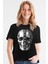 Yarım Kurukafa Siyah Kısa Kollu Kadın T-Shirt 1