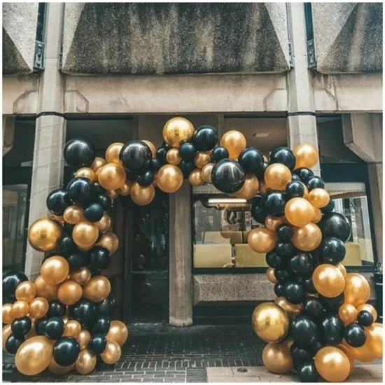 Bal10 Dünyası 50 Adet 12 Inç Parti Balonu Metalik Gold Pastel Siyah + 5 mt Balon Zinciri