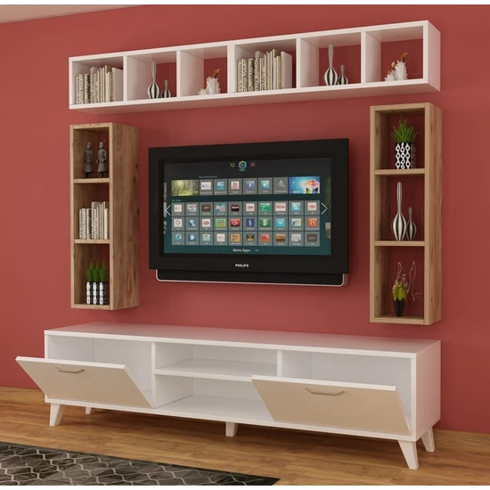 Dekormer Design Tv Ünitesi Dolaplı Atlantik Çam Beyaz 180 cm ve Kitaplıklı