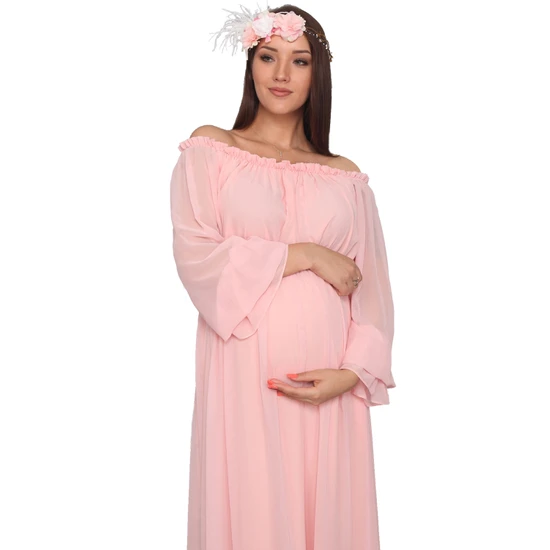 Moda Labio Babyshower Dökümlü Pudra Hamile Elbisesi