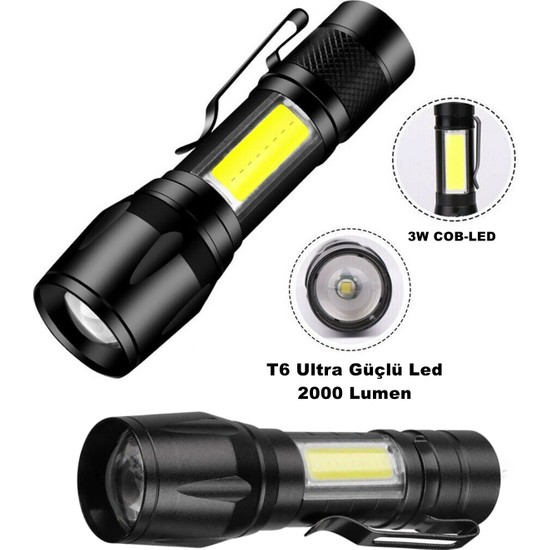 Yopigo OR-515 Ultra Güçlü Pilli LED El Feneri 2000 Lumen + 6W Cob LED Su Geçirmez Zoomlu 3 Modlu
