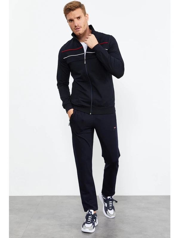 Tommy Life Lacivert Erkek Dik Yaka Çizgi Detaylı Slim Fit Klasik Paça Eşofman Takımı-85099