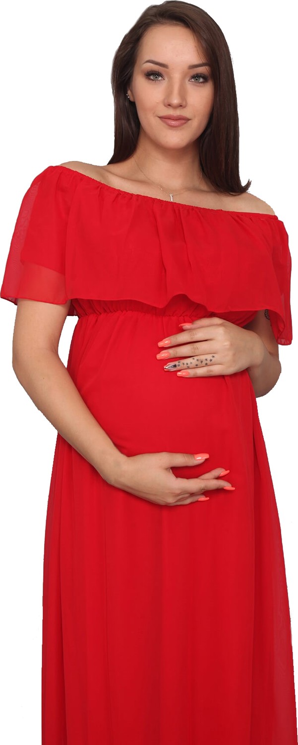 Moda Labio Babyshower Şifon Düşük Omuz Kırmızı Hamile Elbisesi