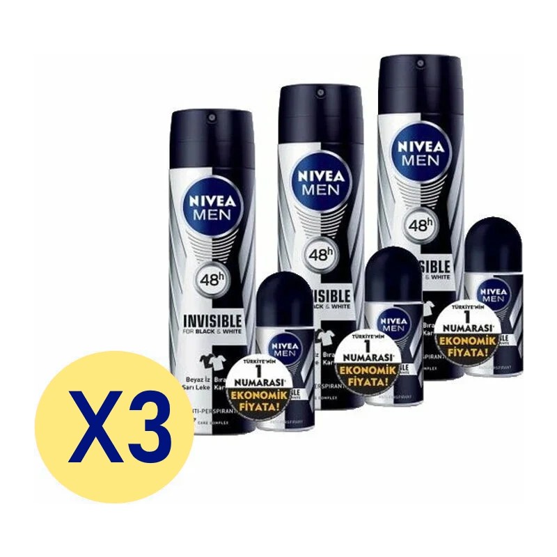 Nivea Men Black White Invisible Erkek Deodorant 150ML+ROLL-ON 25ML *3 Avantajlı Paket