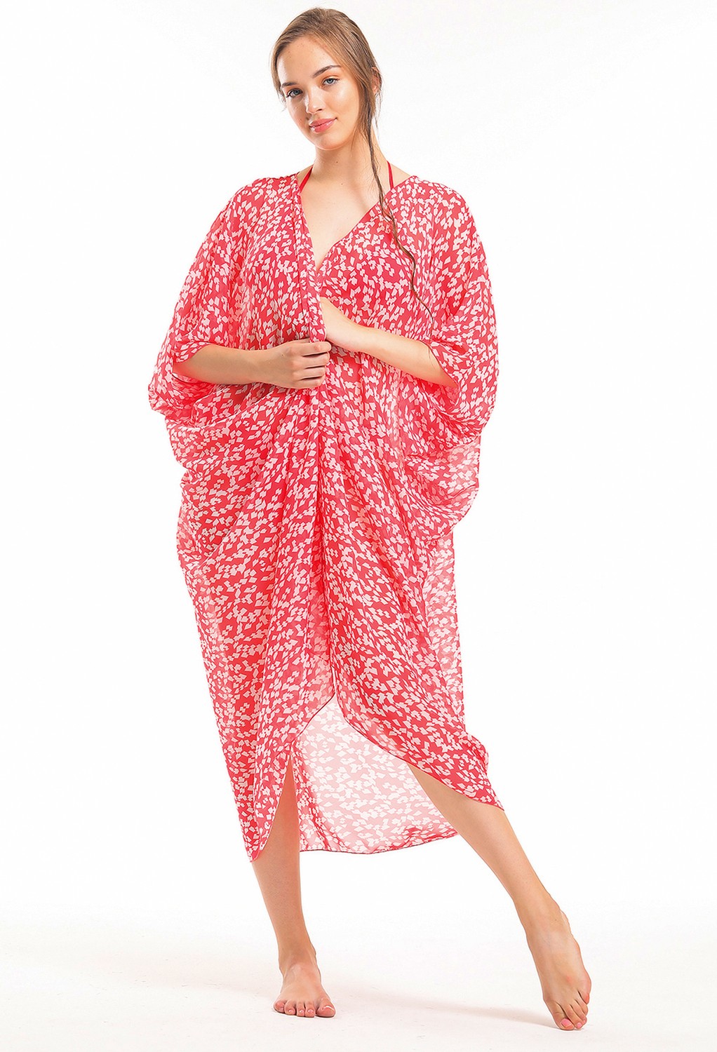 Sense Şifon Plaj Kimono | ELB33597 Fuşya Kareli