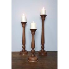 Evim Tatlı Evim Ahşap Mumluk Şamdan Üçlü Set Kahve 60/50/40CM