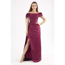 Belamore Mürdüm Drape Detaylı Saten Kumaş Abiye 9704858.21