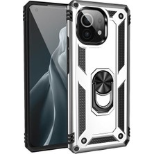 Case Street Xiaomi Mi 11 Lite Kılıf Vega Tank Standlı Yüzüklü Mıknatıslı+Nano Glass Gümüş