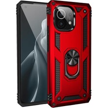 Case Street Xiaomi Mi 11 Lite Kılıf Vega Tank Standlı Yüzüklü Mıknatıslı+Nano Glass Kırmızı