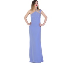 Günay Fierte Kadın Abiye Elbise ALCH8110 Tek Omuz Taş Detay Düz Mavi