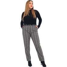 Günay Fierte Kadın Büyük Beden Pantolon NVR1371-10 Kumaş Normal Bel Düz Paça Bilek Boy Kemer Detaylı Kare Desenli Cep Fermuar Kapama Düğmeli Kahverengi Bordo Ekose
