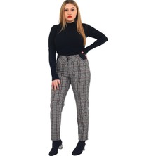 Günay Fierte Kadın Büyük Beden Pantolon NVR2142-10 Kumaş Normal Elastik Bel Dar Paça Cep Kare Desenli Fermuar Kapama 3 Düğmeli Lacivert Siyah Ekose Kahverengi Bordo Gri