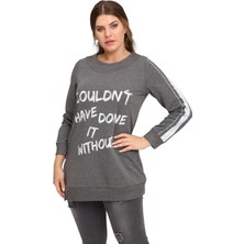 Günay Fierte Kadın Büyük Beden Bluz LM43030 Yuvarlak Yaka Uzun Kol Sweatshirt Yan Fermuarlı Yırtmaç Detay Antrasit Siyah