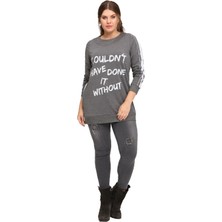 Günay Fierte Kadın Büyük Beden Bluz LM43030 Yuvarlak Yaka Uzun Kol Sweatshirt Yan Fermuarlı Yırtmaç Detay Antrasit Siyah