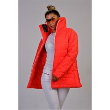 Keyifli Moda Kadın Bayrak Kırmızı Dik Yaka Su Geçirmez Uzun Şişme Mont