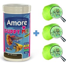 Amore Guppy Mix Granules 250 ml Tropikal Balık Yemi + Sera Crystal Clear 3 Adet Bioball Elyaf