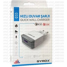 Syrox USB Çıkşlı 3 Amper Hızlı Şarj Adaptörü - Q33 3.0A USB Quick Şarj Başlık