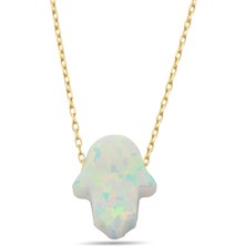 MYOROGOLD Opal Taşlı Beyaz Fatıma Ana Eli Altın Kolye