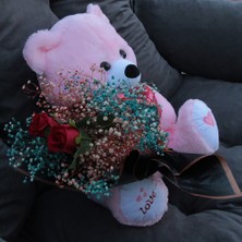 Moryconcept Sevimli Pembe Peluş Ayıcık Kalpli 50 cm Gül & Cipso Sarmalı Romantik Çiçek Demet Set Sevgiliye Hediye