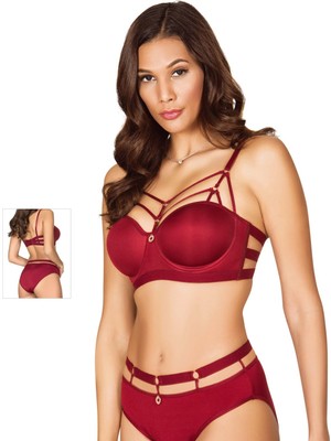 Lejardin Bordo Yüksek Bel Desteksiz Biye Şeritli Halkalı Sütyen Takım 5045