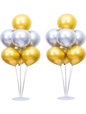 Bal10 Dünyası 1 Adet 7 Balonlu Gümüş Gold Krom Balon Ayaklı Standı