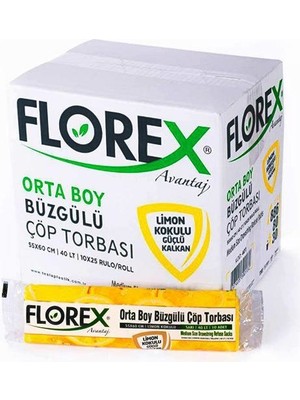 Florex Limon Kokulu Büzgülü Orta Boy Çöp Torbası 55X60 (1 Koli 25 Rulo)