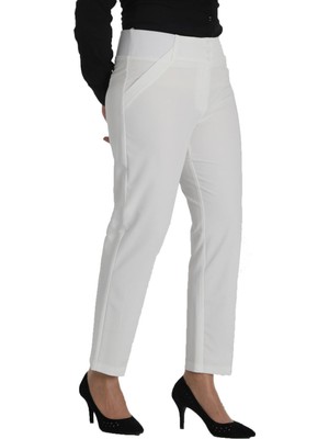 Günay Fierte Kadın Büyük Beden Pantolon NVR2142 Kumaş Normal Elastik Bel Dar Paça Bilek Boy Cep Fermuar Kapama 3 Düğmeli Beyaz Siyah Bej Pudra Lacivert Haki Vizon