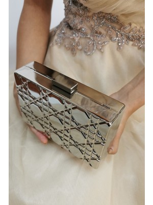 Nazart Metal Kadın Abiye Bayan Clutch Portföy Gece Çantası