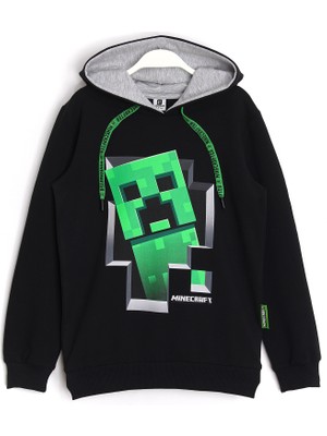 Minecraft Creeper Desenli Kapüşonlu Erkek Çocuk Hoodie 5 - 13 Yaş Siyah