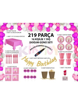 Kikajoy 16 Kişilik 219 Parça 1 Yaş Kız Doğum Günü Seti