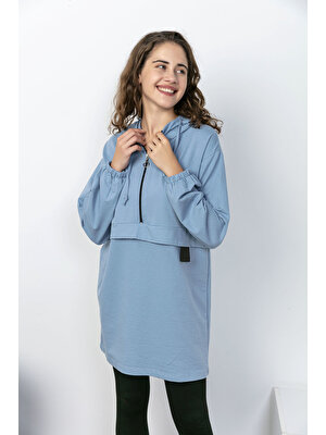 Kadın Modası Kadın Mavi Kapüşonlu Yaka Fermuarlı Önü Katlı Iki Iplik Tunik