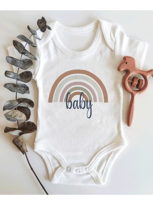 Limon Kahverengi Gökkuşağı Baby Yazılı Kısa Kol Organik Bebek Body