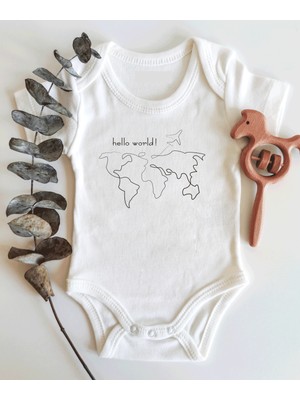 Limon Hello World Harita Desenli Kısa Kol Organik Bebek Body