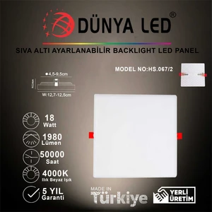 Dünya Led HS.067/2 18W Sıva Altı LED Panel 4000K  Ilık Beyaz Işık Kare