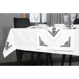 Caka Home  Runner Geometrik Çift Kare Nakışlı Keten Efektli -Siyah